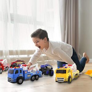 Mozlly Friction Powered Emergency Tow Truck Toys Set of 3 - Assorted Color Towing Trucks with Big Racing Monster Trucks & Bulldozer, Interactive Sound & Light - 3 Pack