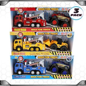 Mozlly Friction Powered Emergency Tow Truck Toys Set of 3 - Assorted Color Towing Trucks with Big Racing Monster Trucks & Bulldozer, Interactive Sound & Light - 3 Pack