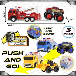 Mozlly Friction Powered Emergency Tow Truck Toys Set of 3 - Assorted Color Towing Trucks with Big Racing Monster Trucks & Bulldozer, Interactive Sound & Light - 3 Pack