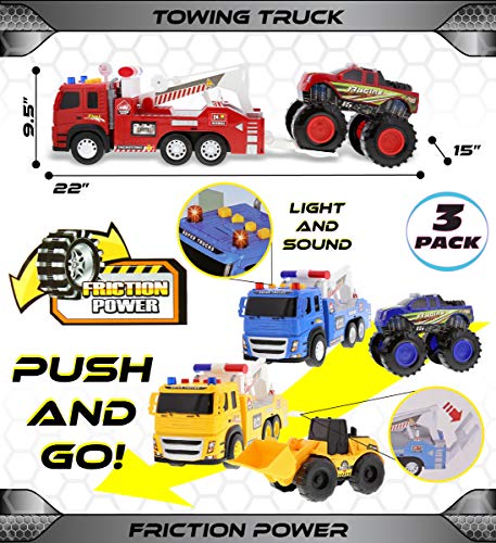 Mozlly Friction Powered Emergency Tow Truck Toys Set of 3 - Assorted Color Towing Trucks with Big Racing Monster Trucks & Bulldozer, Interactive Sound & Light - 3 Pack