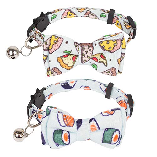 ADOGGYGO Cat Collar Breakaway with Cute Bow Tie Bell - 2 Pack Kitten Collar with Removable Bowtie Sushi Donuts Hamburg Pizza Pattern Cat Bow tie Collar for Cat Kitten (Pizza & Sushi)