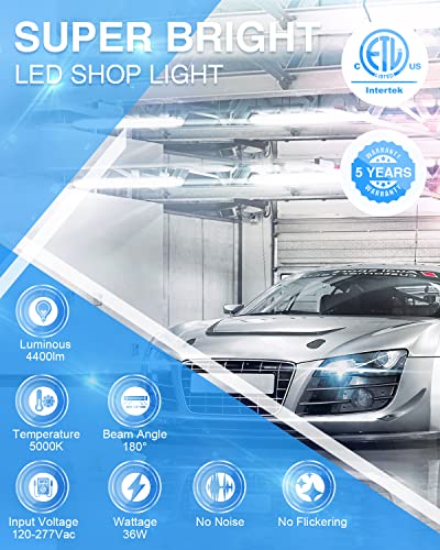 Ensenior 4 Pack Linkable Led Shop Light 4ft for Garage, 4400 High Lumens, 36W Equivalent 280W, 5000K Daylight, 48 Inch Utility Shop led Lights, Surface or Hanging Mount Fixtures, White, ETL Certified