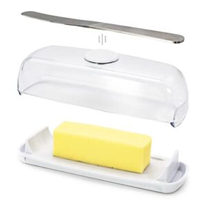 butter hub butter dish with lid and knife, magnetic butter keeper, easy scoop, no mess lid, plastic, dishwasher safe (clear)