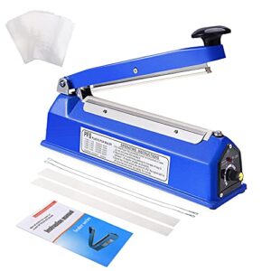 suteck 8 inch impulse bag sealer, manual poly bag sealing machine w/adjustable timer electric heat seal closer with 50pcs 4x6 inch shrink wrap bag and 2 free replacement kit (sapphire)