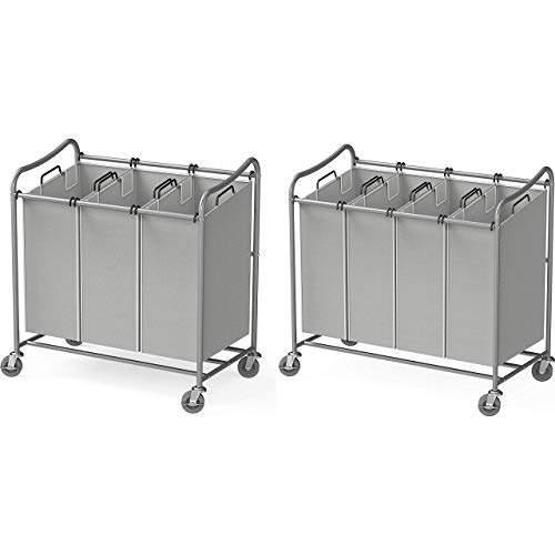 Simple Houseware Heavy-Duty 3-Bag Cart + 4-Bag Laundry Sorter Cart, Silver