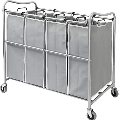 Simple Houseware Heavy-Duty 3-Bag Cart + 4-Bag Laundry Sorter Cart, Silver