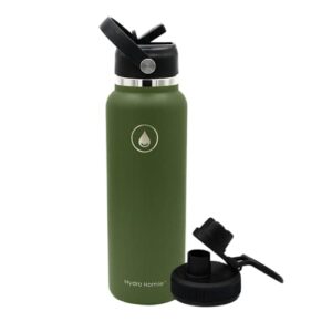 hydro homie big mouth water bottle with straw lid - premium stainless steel triple wall vacuum insulated with triple shield techonology 40 oz green forest