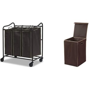 simple houseware heavy duty 3-bag laundry sorter rolling cart + foldable laundry hamper basket with lid, brown