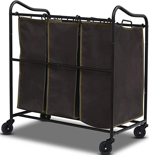 Simple Houseware Heavy Duty 3-Bag Laundry Sorter Rolling Cart + Foldable Laundry Hamper Basket with Lid, Brown