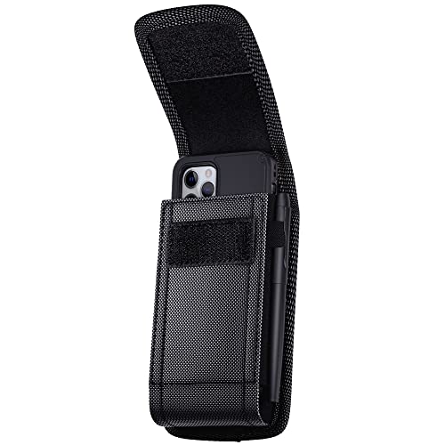 PiTau Holster for iPhone 14, 14 Pro, 13, 13 Pro, 12 Pro, 12, X, XR, Xs, 11 Pro Nylon Cell Phone Belt Holder Case with Belt Clip Loop Pouch Cover (Fits Phone with Otterbox Commuter Case) Black Large
