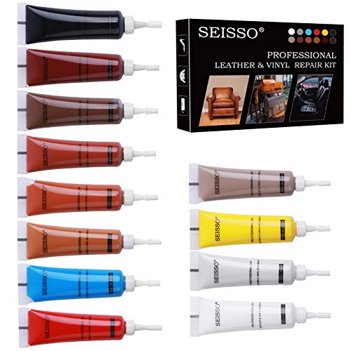 SEISSO 12 Colors Leather Vinyl Repair Kit for Furniture, Couches, Jacket, Sofa, Boat, Car Seat, Purse, Belt, Shoes, Scratch Filler Kit, Restore Bonded (12 Color Leather Repair Kit (12 PCS, 20ML/PC))