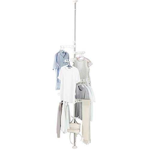 Hershii Adjustable Laundry Pole Corner Clothes Garment Drying Rack Hat Hanger Coat Tree Floor to Ceiling Tension Shelf Storage Organizer with 5 Arms and 1 Hook - Ivory