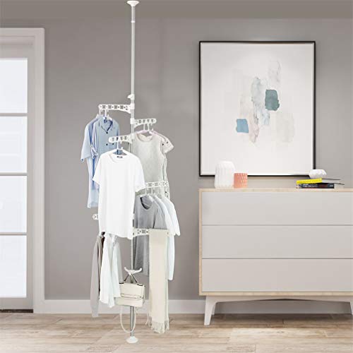 Hershii Adjustable Laundry Pole Corner Clothes Garment Drying Rack Hat Hanger Coat Tree Floor to Ceiling Tension Shelf Storage Organizer with 5 Arms and 1 Hook - Ivory