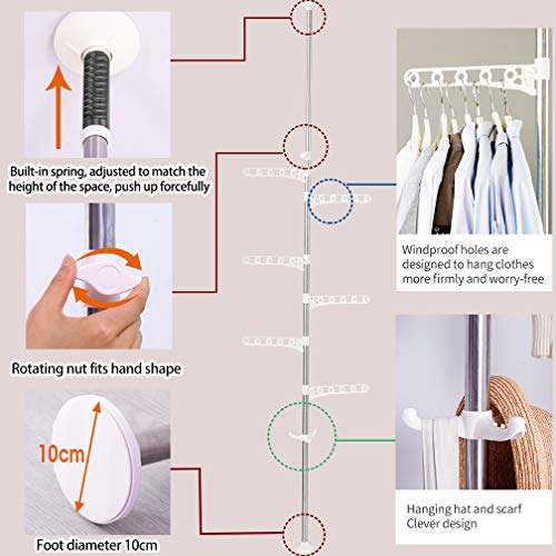 Hershii Adjustable Laundry Pole Corner Clothes Garment Drying Rack Hat Hanger Coat Tree Floor to Ceiling Tension Shelf Storage Organizer with 5 Arms and 1 Hook - Ivory