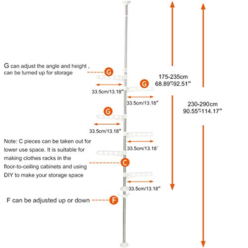 Hershii Adjustable Laundry Pole Corner Clothes Garment Drying Rack Hat Hanger Coat Tree Floor to Ceiling Tension Shelf Storage Organizer with 5 Arms and 1 Hook - Ivory
