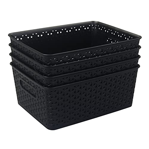 Utiao Black Plastic Storage Baskets, 8 Quart Plastic Bins, 4 Packs