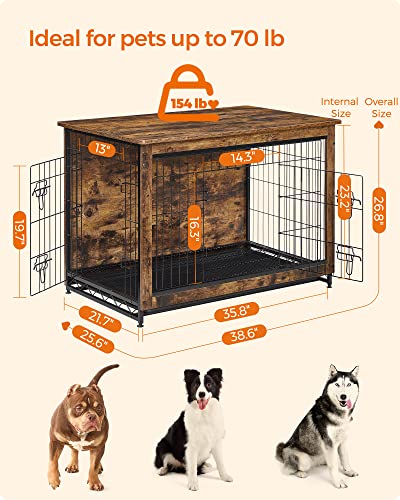 FEANDREA Dog Crate Furniture, Side End Table, Modern Kennel for Dogs Indoor up to 70 lb, Heavy-Duty Dog Cage with Multi-Purpose Removable Tray, Double-Door Dog House, Rustic Brown UPFC003X01