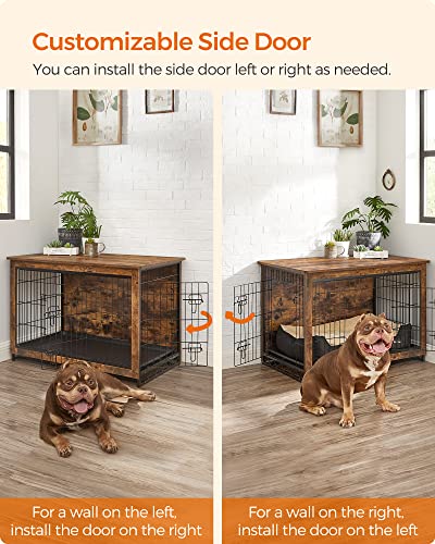 FEANDREA Dog Crate Furniture, Side End Table, Modern Kennel for Dogs Indoor up to 70 lb, Heavy-Duty Dog Cage with Multi-Purpose Removable Tray, Double-Door Dog House, Rustic Brown UPFC003X01