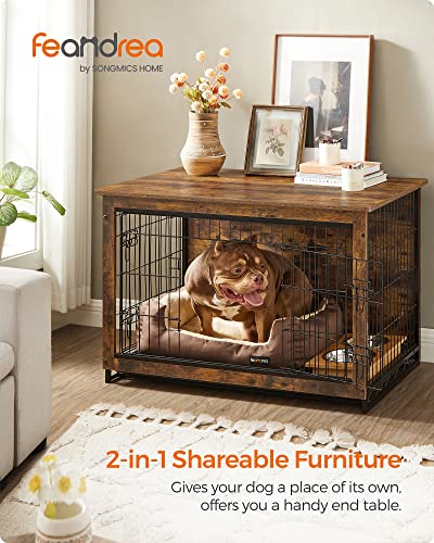 FEANDREA Dog Crate Furniture, Side End Table, Modern Kennel for Dogs Indoor up to 70 lb, Heavy-Duty Dog Cage with Multi-Purpose Removable Tray, Double-Door Dog House, Rustic Brown UPFC003X01