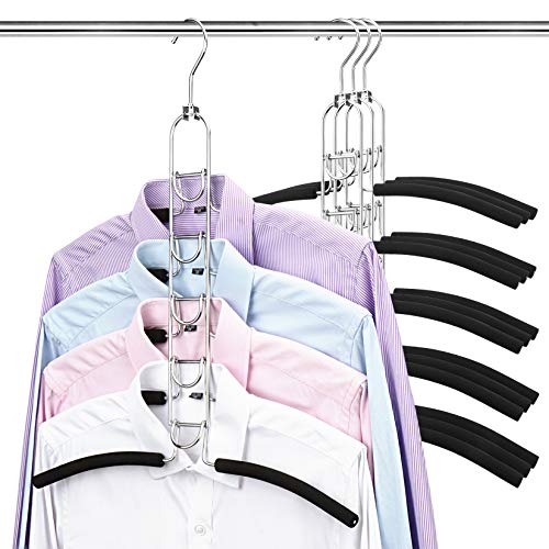 Mastom 4 Pack 5 in 1 Space Saving Hangers, Multilayer Metal Clothes Hanger Space Saver Coat Hangers, Anti-Slip Foam Padded Shirt Suit Hanger for Closet Storage Organizer