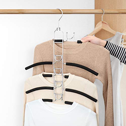 Mastom 4 Pack 5 in 1 Space Saving Hangers, Multilayer Metal Clothes Hanger Space Saver Coat Hangers, Anti-Slip Foam Padded Shirt Suit Hanger for Closet Storage Organizer