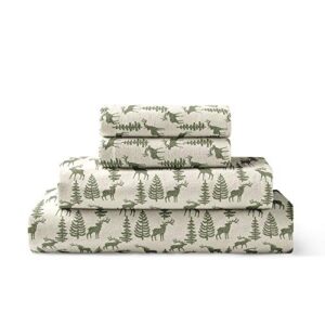 brielle home flannel sheet set cotton soft warm & cozy modern chic with elastic deep pockets, twin, deer ivory