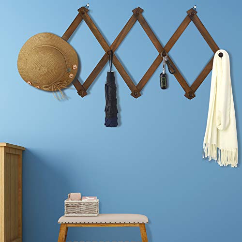 Dseap Accordian Wall Hanger: 16” High Wooden Wall Expandable Coat Rack, Hat Rack Holder, Accordion Hook for Baseball Caps, Coats, Mugs, 10 Peg Hooks, Brown