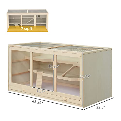 PawHut Extra Large Wooden Hamster Cage, Gerbil Cage, and Other Small Animal Habitat, Hamster Habitat with Opening Roof, Hut, Ramps