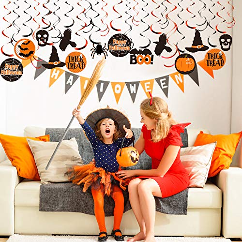 Blulu Halloween Party Hanging Swirl Decorations, Witch Bat Pumpkin and Ghost Spider Foil Swirl Ceiling Hanging Decoration for Halloween Theme Party Outdoor Indoor Decorations Supplies, 30 Pieces