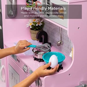 Best Choice Products Pretend Play Kitchen Wooden Toy Set for Kids with Realistic Design, Telephone, Utensils, Oven, Microwave, Sink - Pink