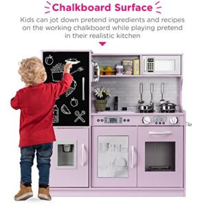 Best Choice Products Pretend Play Kitchen Wooden Toy Set for Kids with Realistic Design, Telephone, Utensils, Oven, Microwave, Sink - Pink
