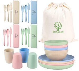 ecostar wheat straw dinnerware sets, 28-piece kids plates and bowls sets, cutlery, microwave safe unbreakable dinnerware for parties, picnic, college dorm, camping, rv (classic)