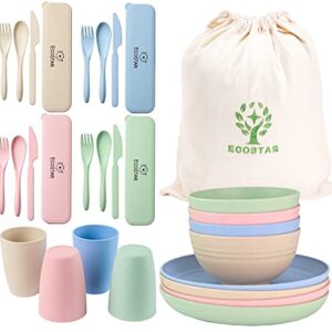 ECOSTAR Wheat Straw Dinnerware Sets, 28-Piece Kids Plates and Bowls Sets, Cutlery, Microwave Safe Unbreakable Dinnerware for Parties, Picnic, College Dorm, Camping, RV (Classic)