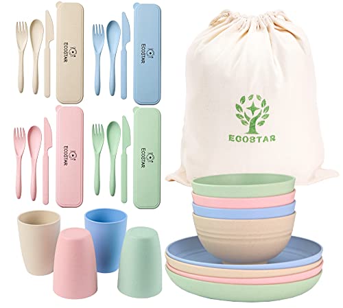 ECOSTAR Wheat Straw Dinnerware Sets, 28-Piece Kids Plates and Bowls Sets, Cutlery, Microwave Safe Unbreakable Dinnerware for Parties, Picnic, College Dorm, Camping, RV (Classic)