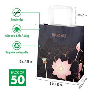 Homeadow Bags - 50 Pcs Thank You Gift Bags, Medium (10"x8"), Paper Shopping Bags For Boutique, Bulk Kraft Paper Bags with Handles, Wedding Favor, Retail Shopping Goody Bags – Blue with Lotus Flowers