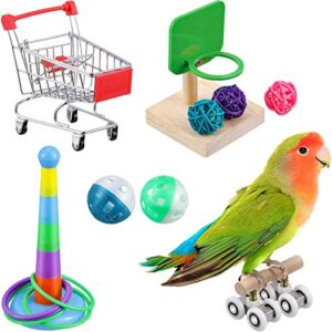 6 pieces bird training toys parrot intelligence toy mini shopping cart mini roller skate toy basketball stacking rings bird toy bell balls for parrots and birds trick tabletop toys