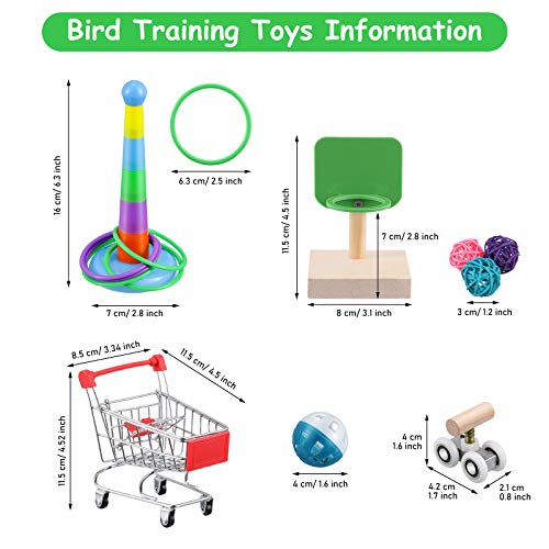 6 Pieces Bird Training Toys Parrot Intelligence Toy Mini Shopping Cart Mini Roller Skate Toy Basketball Stacking Rings Bird Toy Bell Balls for Parrots and Birds Trick Tabletop Toys