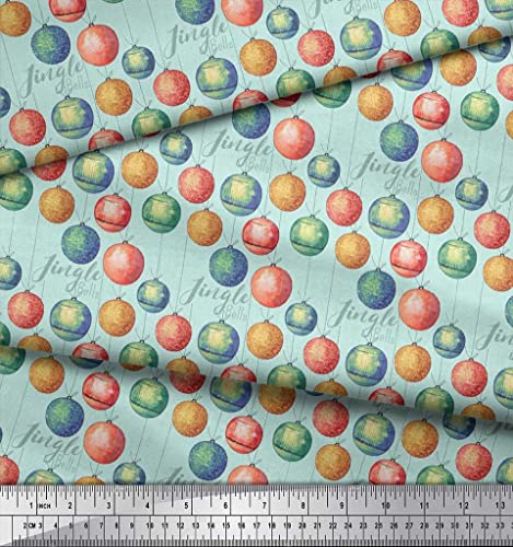 Soimoi Green Cotton Canvas Fabric Baubles Christmas Print Fabric by The Yard 56 Inch Wide