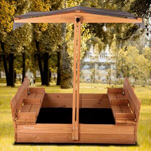 Kids Wooden Outdoor Sandbox w/Canopy, 2 Foldable Bench Seats, Retractable Roof Sand Protection Liner 47x47-Inch