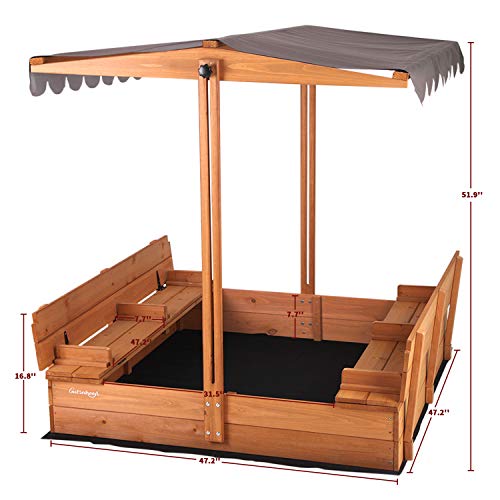 Kids Wooden Outdoor Sandbox w/Canopy, 2 Foldable Bench Seats, Retractable Roof Sand Protection Liner 47x47-Inch