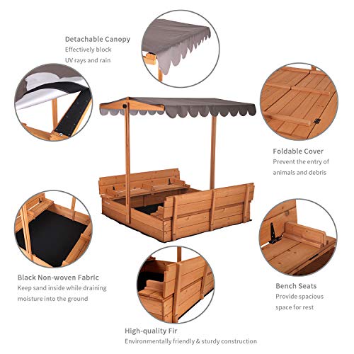 Kids Wooden Outdoor Sandbox w/Canopy, 2 Foldable Bench Seats, Retractable Roof Sand Protection Liner 47x47-Inch