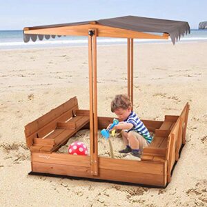 Kids Wooden Outdoor Sandbox w/Canopy, 2 Foldable Bench Seats, Retractable Roof Sand Protection Liner 47x47-Inch