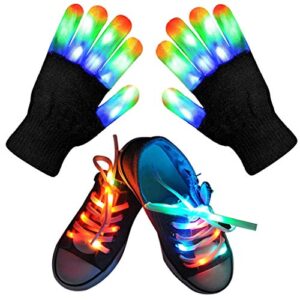 led finger gloves, kids led gloves led shoelaces set light up cool toys gifts for boys girls, flashing gloves for christmas thanksgiving birthday glow halloween costume party