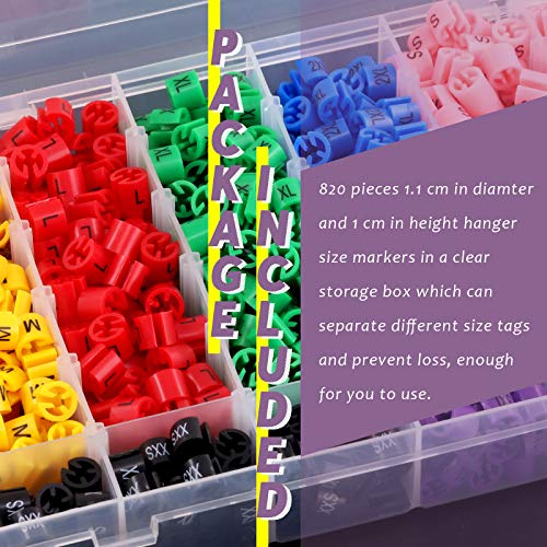 Swpeet 820Pcs 9 Common Sizes Plastic Hanger Size Markers Assortment Kit, XXS - 4XL Color-Coding Hanger Sizes Tags Marker for Wire Hangers Clothing Hangers with Storage Box