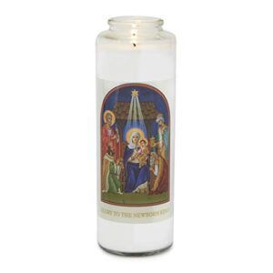 root candles 7-day clear glass devotional prayer candle, glory to the newborn king
