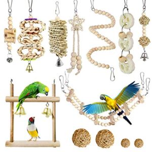 Allazone Bird Parrot Toys, 13 PCS Hanging Bell Pet Bird Cage Hammock Swing Toy Wooden Chewing Toy for Conures, Love Birds, Small Parakeets Cockatiels, Macaws