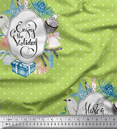 Soimoi Green Cotton Canvas Fabric Candies,Gift Box & Bell Christmas Decor Fabric Printed Yard 42 Inch Wide