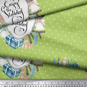 Soimoi Green Cotton Canvas Fabric Candies,Gift Box & Bell Christmas Decor Fabric Printed Yard 42 Inch Wide