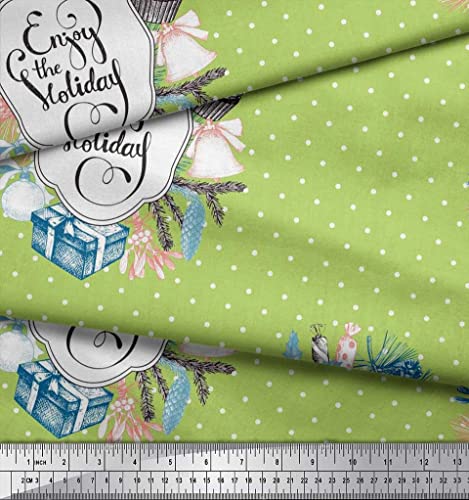 Soimoi Green Cotton Canvas Fabric Candies,Gift Box & Bell Christmas Decor Fabric Printed Yard 42 Inch Wide