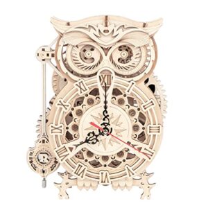 rowood 3d puzzles for adults, wooden model kits for adults to build, birthday gift for adults & teens (161 pcs)- owl clock